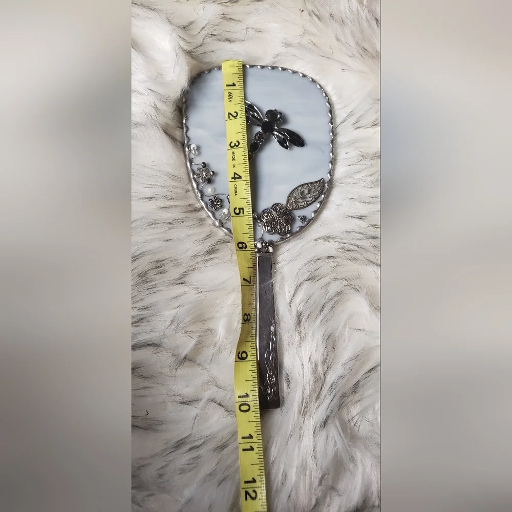 Vintage Long Vanity Hand Held Mirror Gemed Dragonfly. Silver